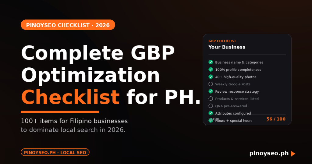 PinoySEO Complete Google Business Profile Optimization Checklist for Filipino Businesses in 2026 — orange and black featured image with checklist card mockup