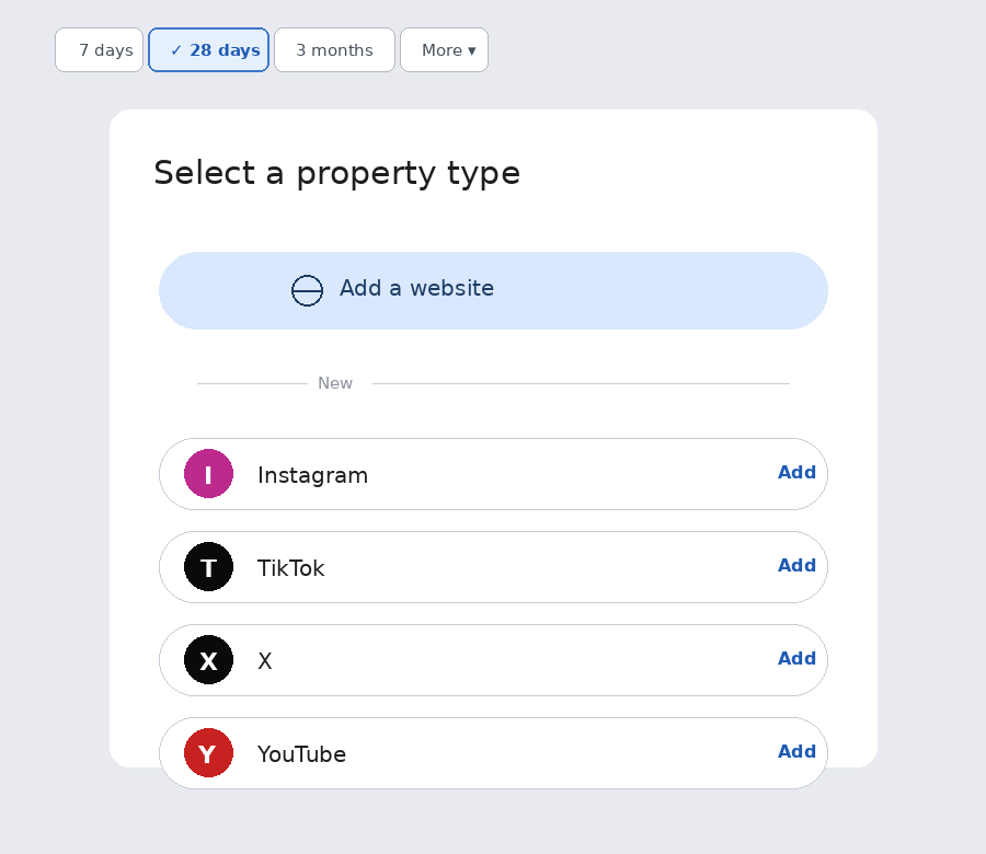 Google Search Console new property type selector showing Add a website, Instagram, TikTok, X, and YouTube options