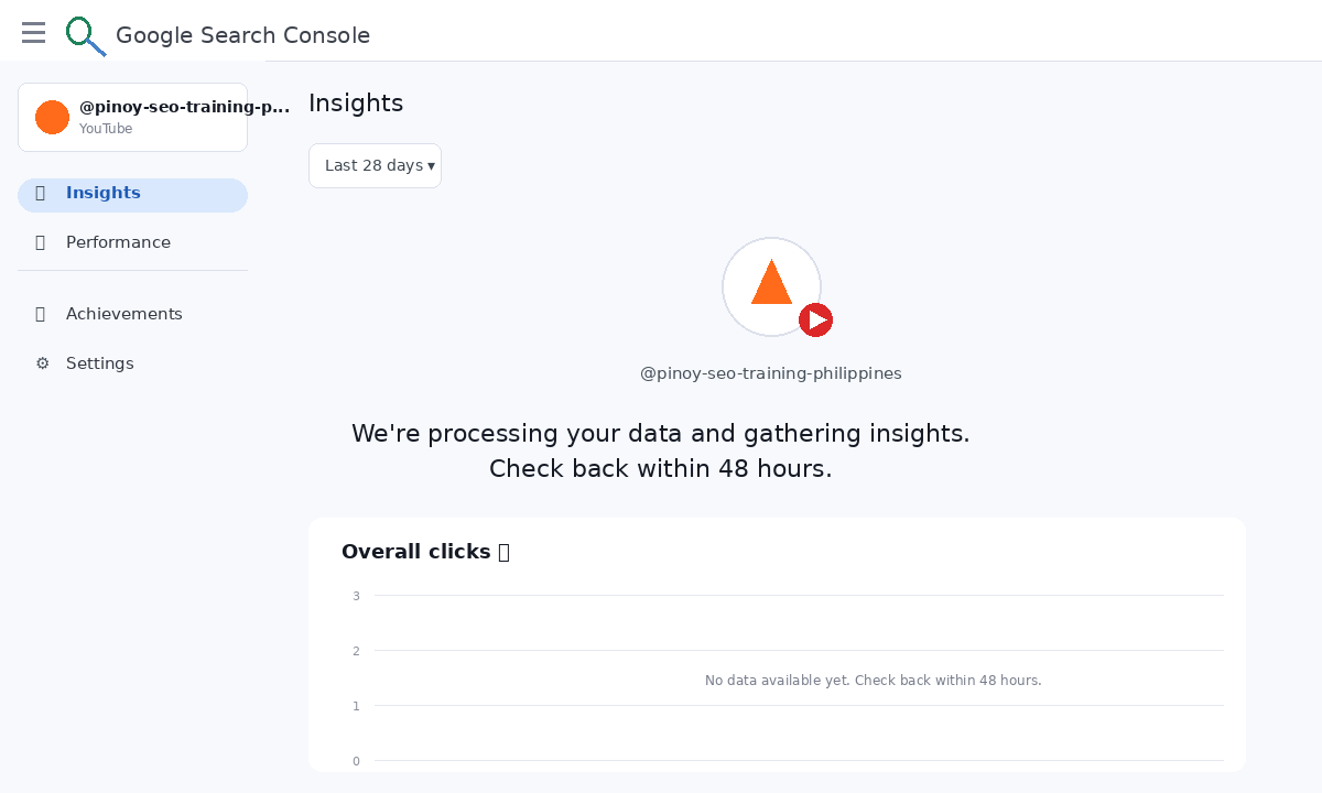 Google Search Console Insights page for the PinoySEO YouTube channel showing a data processing message