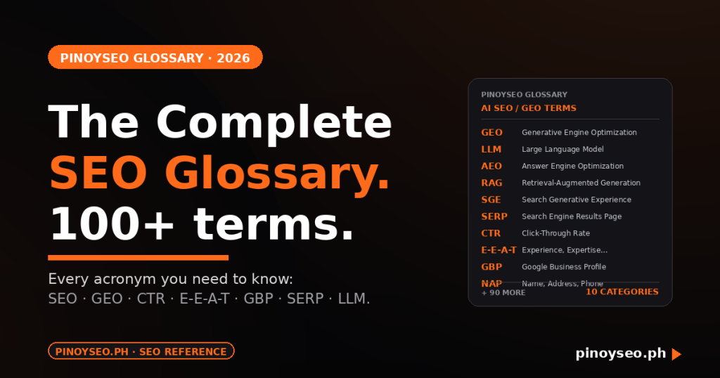 The complete SEO glossary with 100+ terms and acronyms featured image — orange and black with a sample AI SEO / GEO terms card