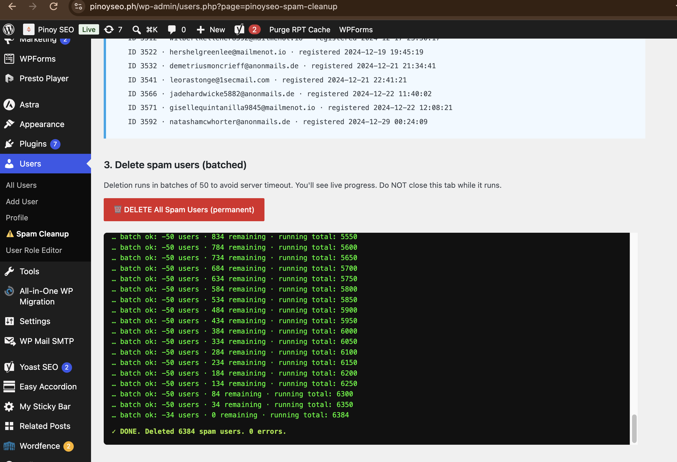 Final DONE message: 6384 spam users deleted with 0 errors after 128 batches