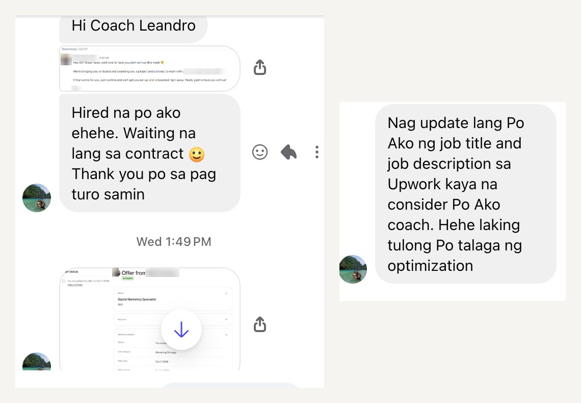 Adrielle Rivera's Messenger messages to Coach Leandro about getting hired as an SEO specialist on Upwork (client name and rate blurred)
