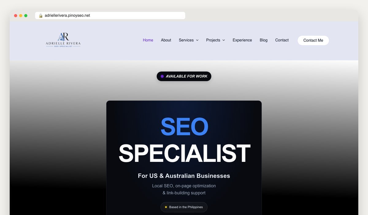 Screenshot of Adrielle Rivera's SEO specialist portfolio website, adriellerivera.pinoyseo.net