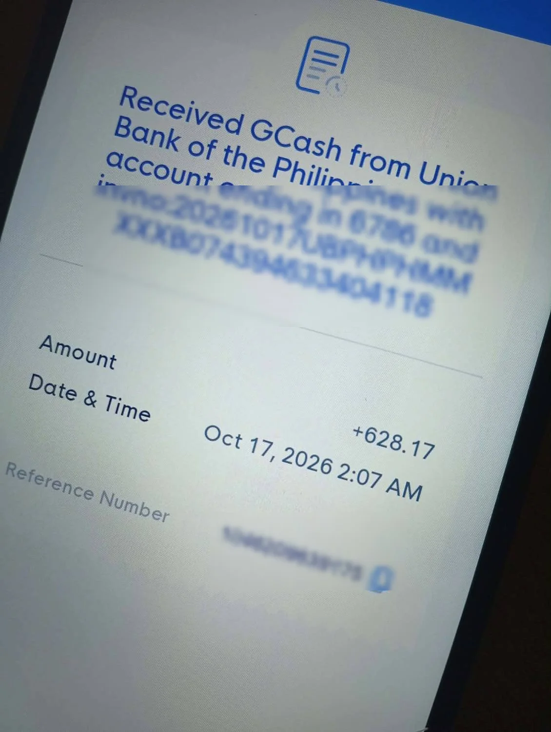 GCash receipt showing ₱628.17 received on Oct 17, 2026 at 2:07 AM