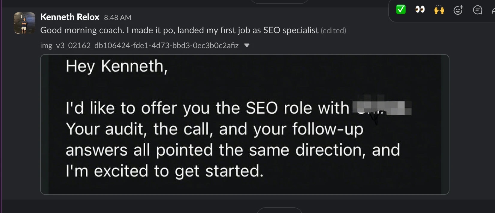 Kenneth Relox Slack message to Coach Leandro sharing his SEO Specialist job offer