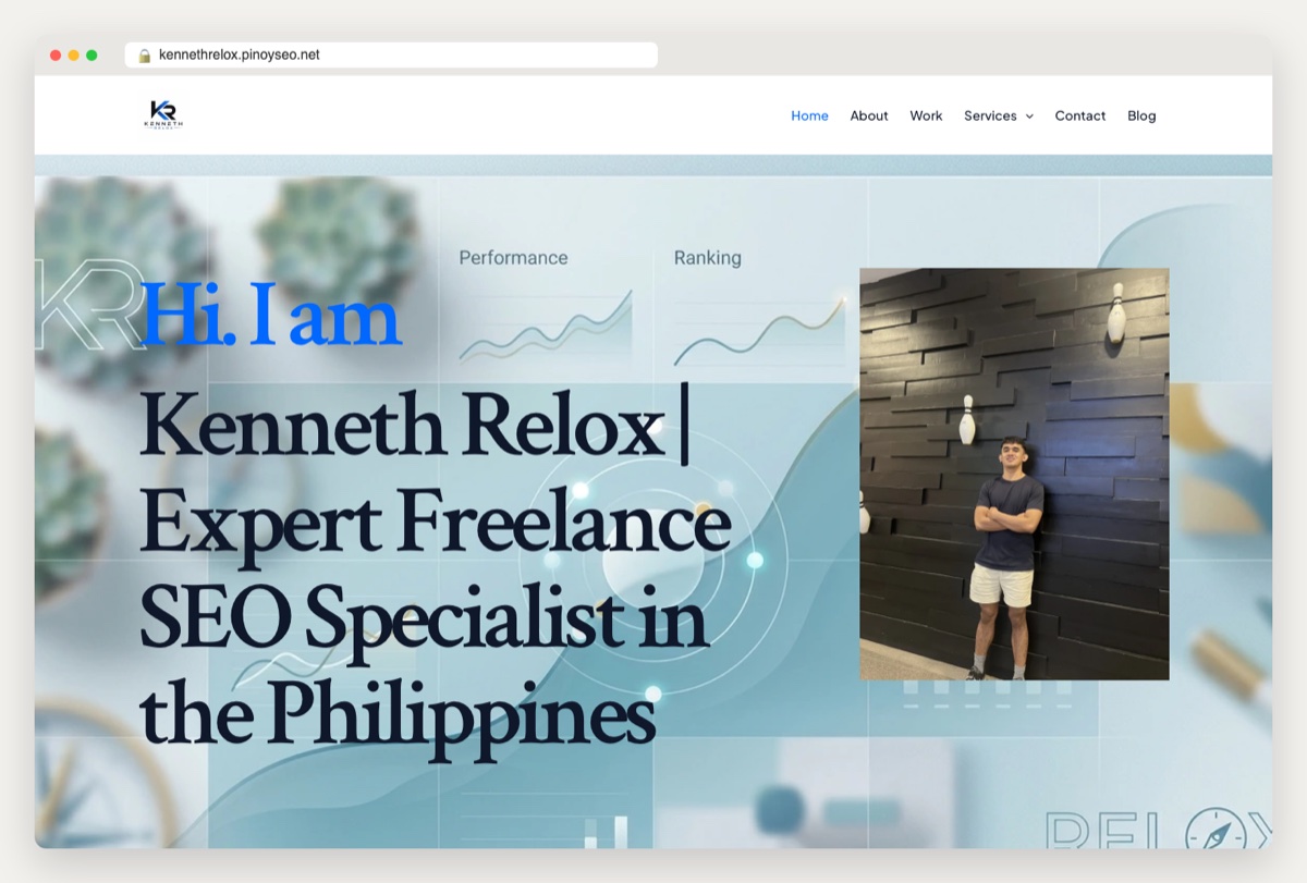 Screenshot of Kenneth Relox's SEO specialist portfolio website, kennethrelox.pinoyseo.net