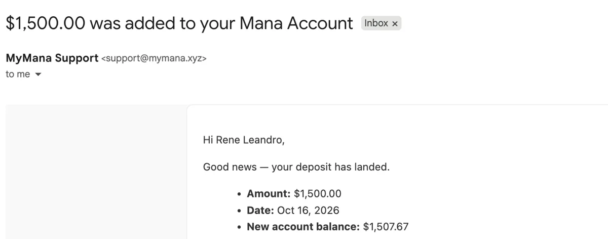 Mana email confirming a $1,500 ACH deposit from a US client