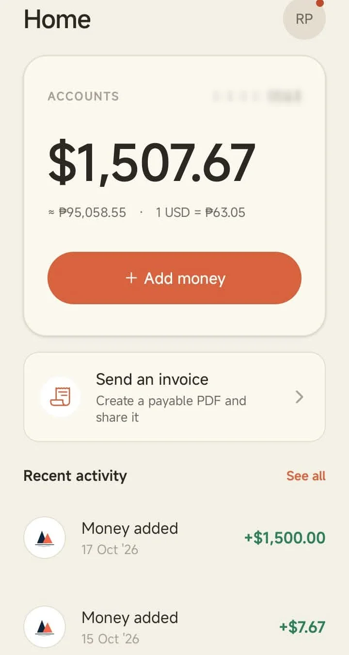 Mana app home screen showing a $1,507.67 USD balance