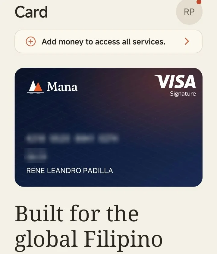 Mana digital Visa card in US dollars (card details hidden)