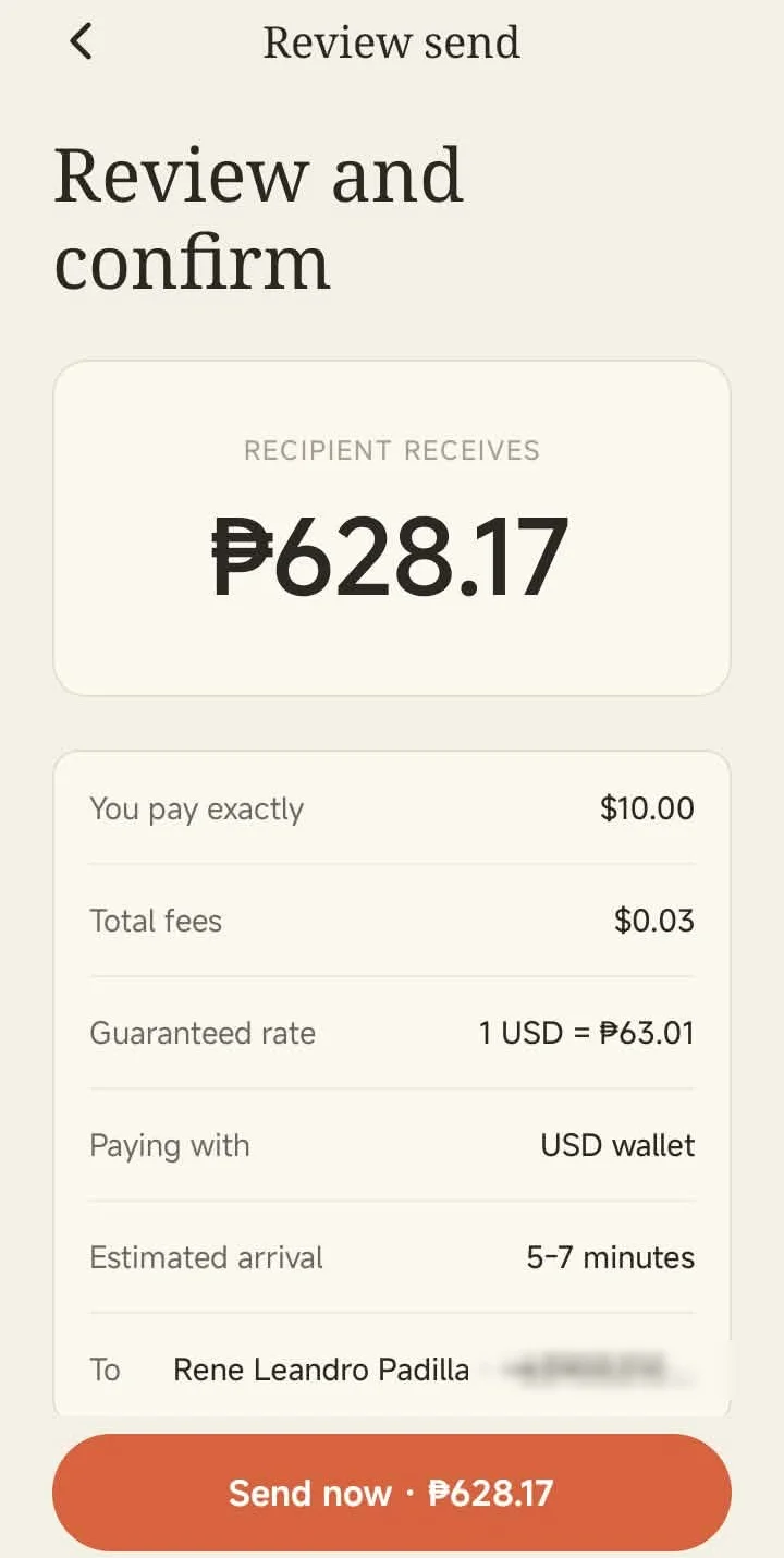 Mana send to GCash review: $10 to ₱628.17 with a $0.03 fee