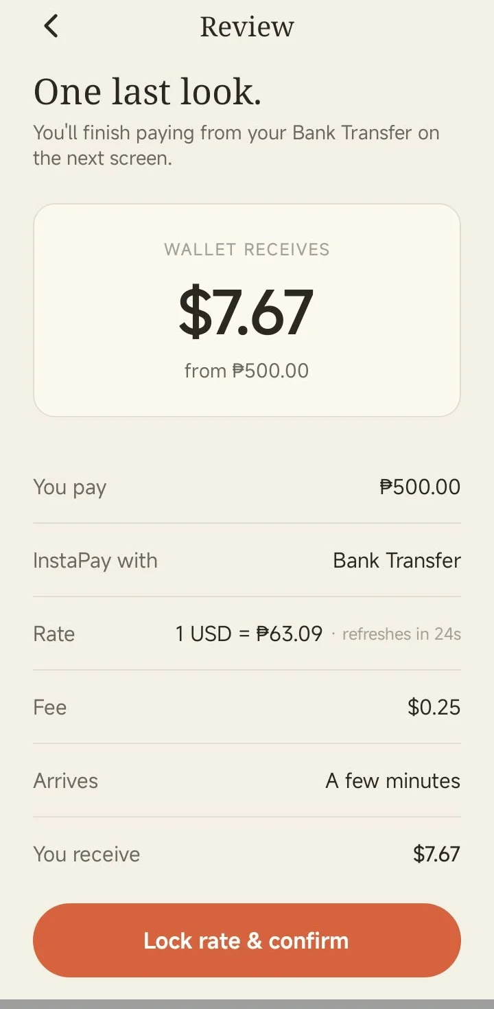 Mana top-up review: ₱500 from Maya converted to $7.67 at ₱63.09 with a $0.25 fee