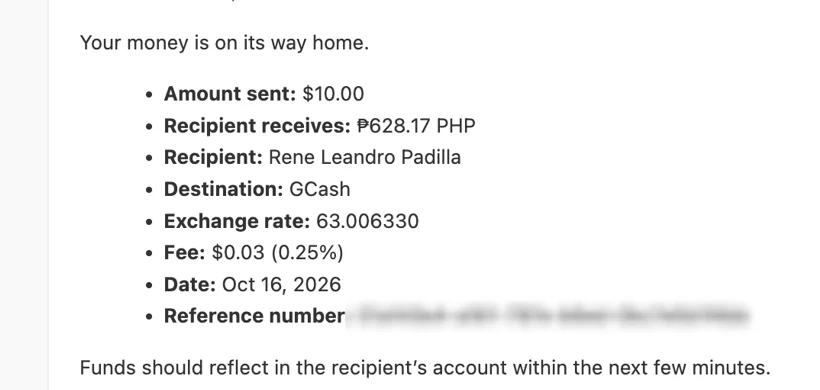 Mana transfer email: $10 sent to GCash, fee $0.03 (0.25%), rate 63.006330